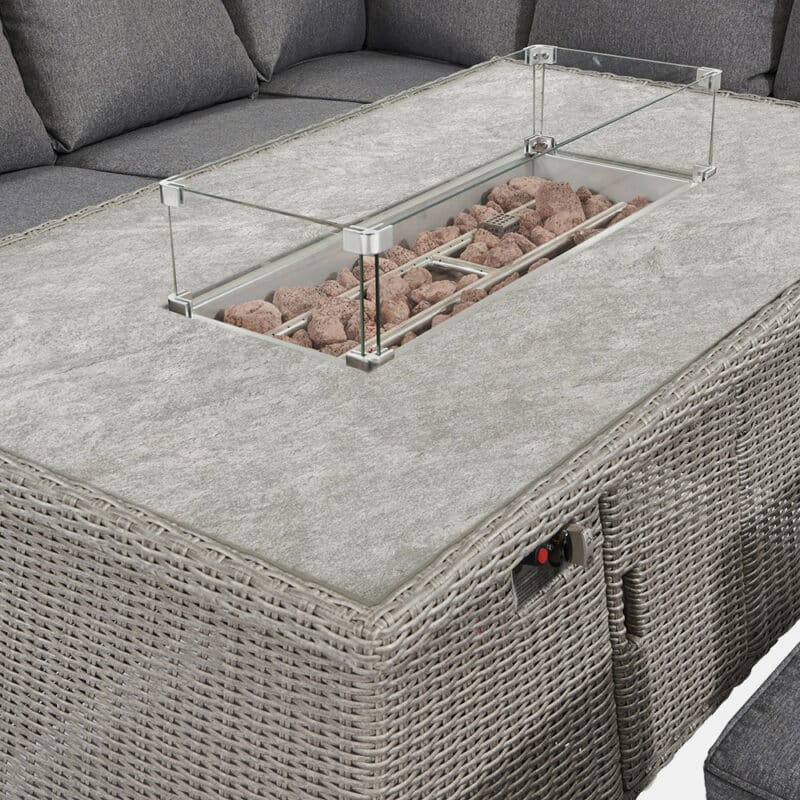 Pacific Lifestyle Slate Grey Barbados Corner Set Long Left with Ceramic Top and Fire Pit